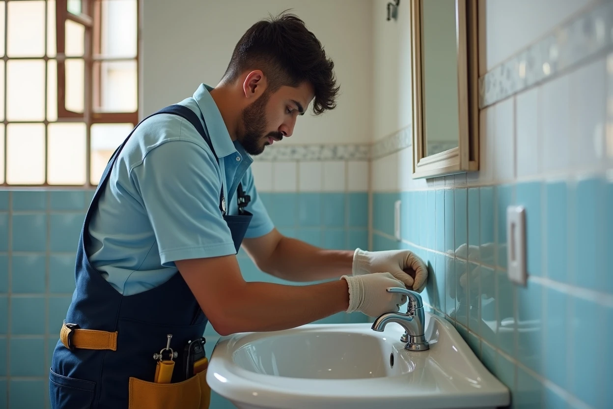 Técnico inspeccionando tuberías en edificio